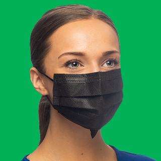 Close-up of a dentist wearing a Crosstex™ Secure Fit™ surgical mask, designed to minimize gaps and provide enhanced protection.